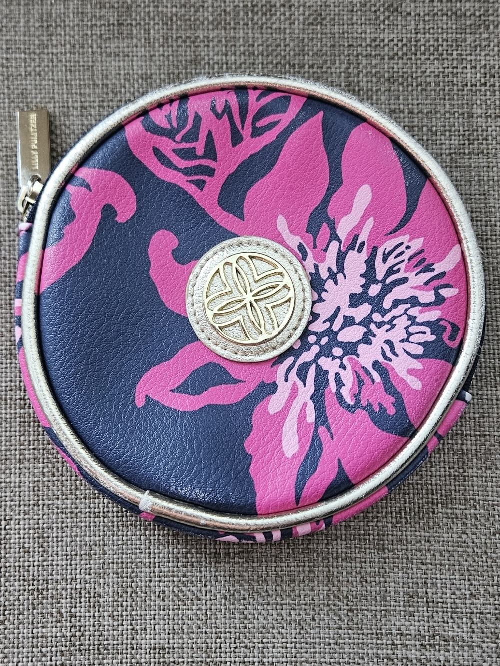 Lilly Pulitzer Navy and Pink Floral Round Case with Gold Logo